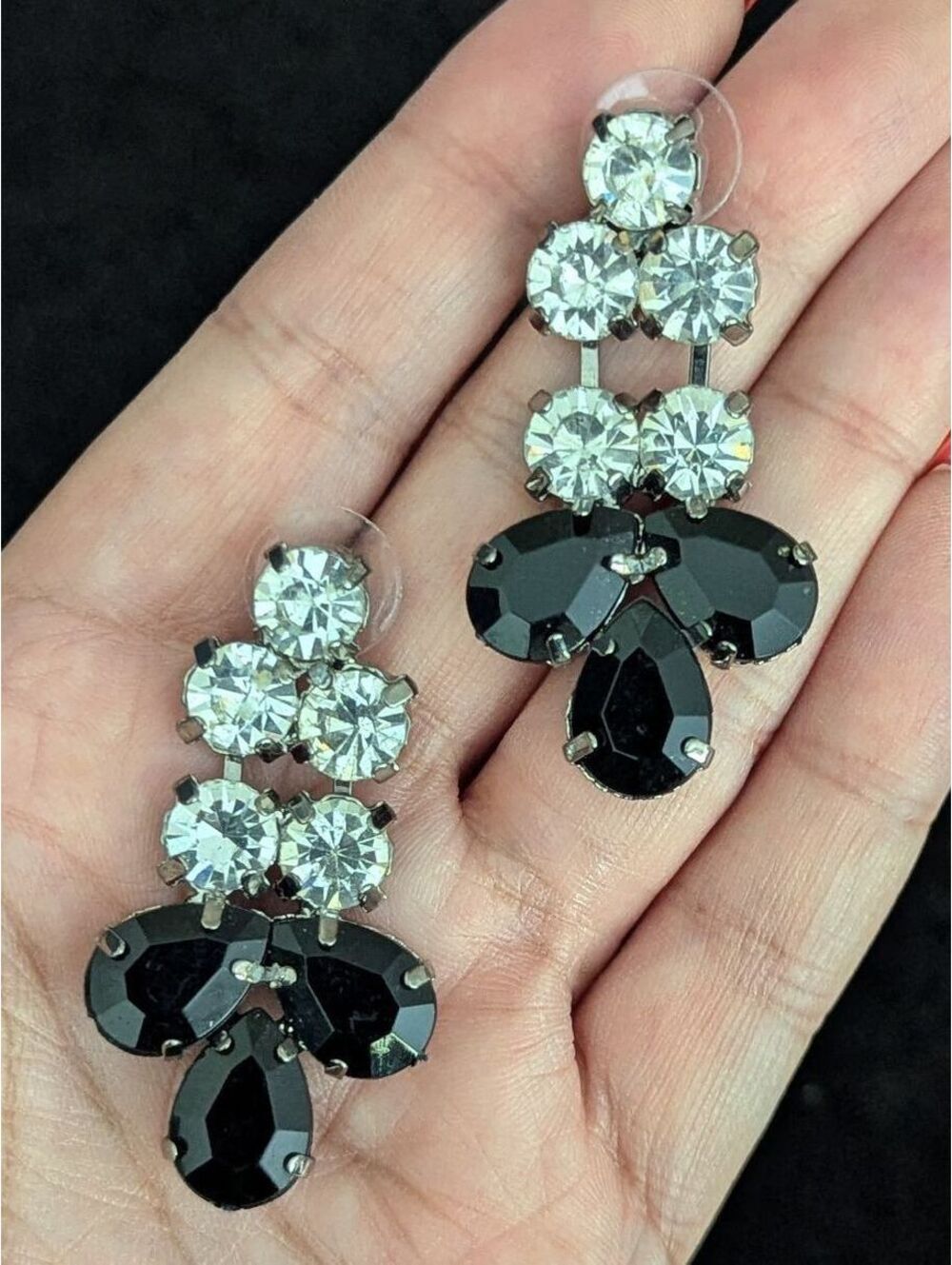 Crystal Rhinestone Dangle Drop Earrings Glam Black Clear Stones Silver Tone